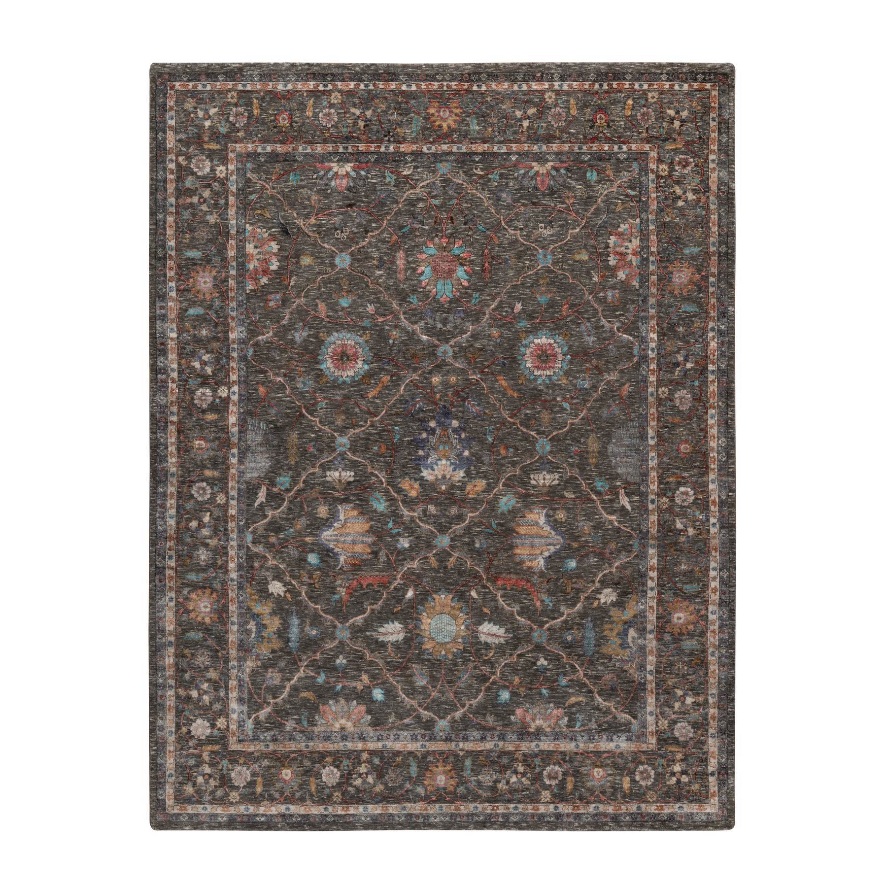 7'9"x10'2" Chocolate Chip Brown, Hand Knotted, Striae Pattern, Persian Scrolls Leaf and Flower Design, Textured Wool and Silk, Oriental Rug 